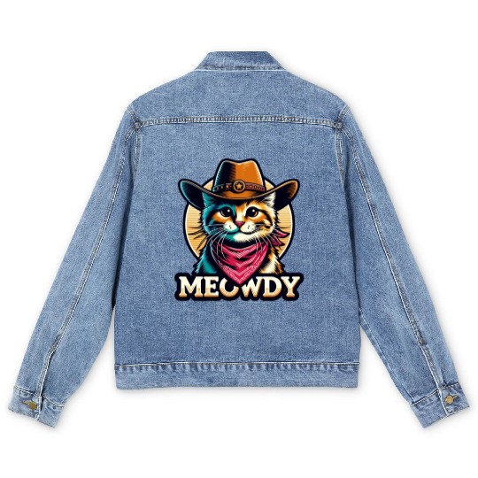 Cute Meowdy Cat Cowboy Pun Men's Denim Jackets