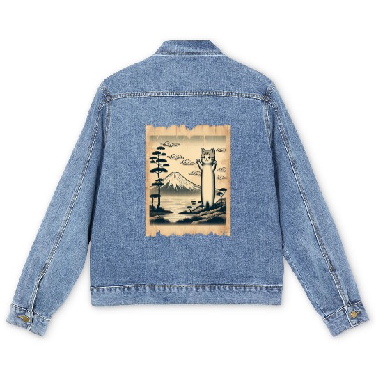 Mt. Fuji Kitten Papyrus Scroll Retro Japanese Art Men's Denim Jackets