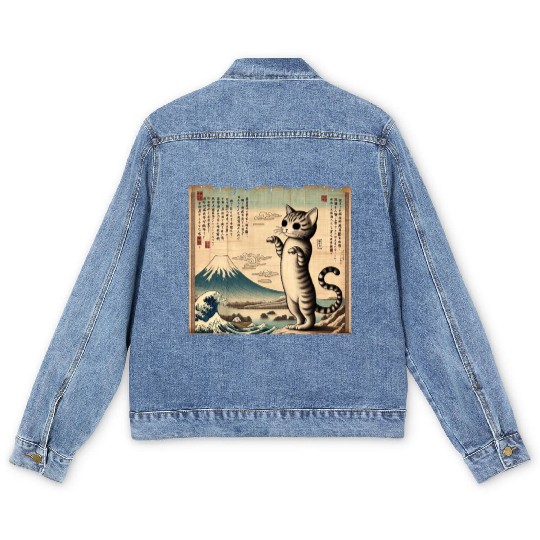Mt. Fuji Kitten Papyrus Scroll Retro Japanese Art Men's Denim Jackets
