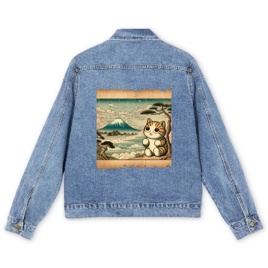 Mt. Fuji Kitten Papyrus Scroll Retro Japanese Art Men's Denim Jackets