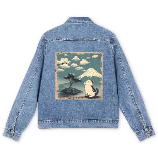 Mt. Fuji Kitten Papyrus Scroll Retro Japanese Art Men's Denim Jackets