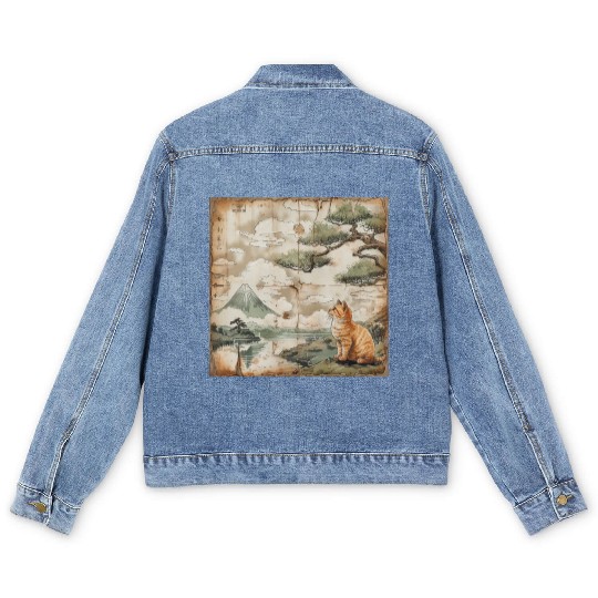 Mt. Fuji Kitten Papyrus Scroll Retro Japanese Art Men's Denim Jackets