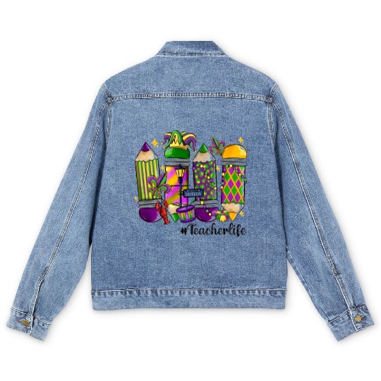 mardi gras teacher life Men's Denim Jackets