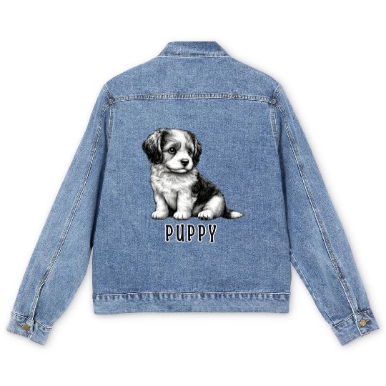 Fluffy Terrier Puppy Men's Denim Jackets