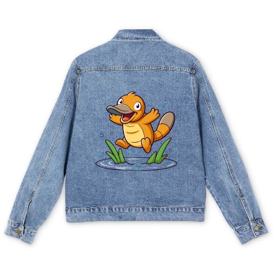 Whimsical Platypus Frolicking in a Pond Men's Denim Jackets
