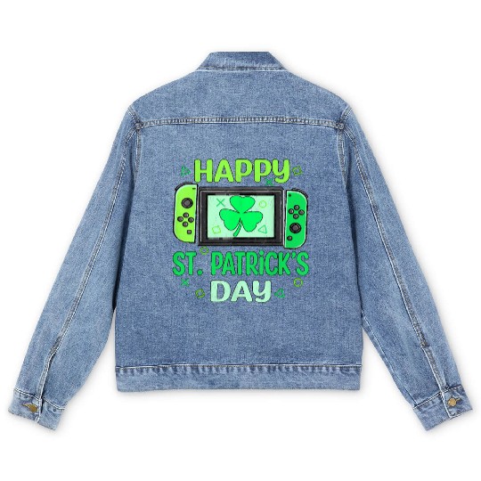 Video Gamer Shamrock Happy St Patricks Day Men's Denim Jackets