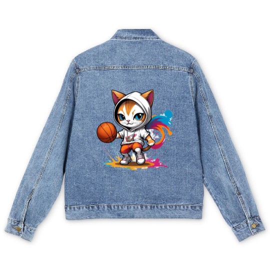 cute cat in Men's Denim Jackets is playing basketball
