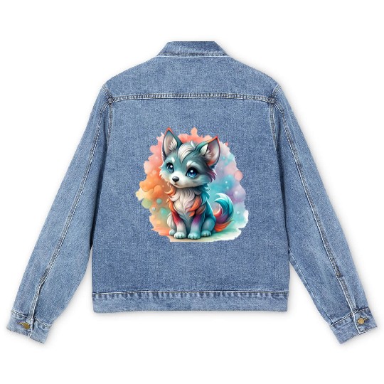 Cute Chibi Grey Wolf For Wolf Lovers Men's Denim Jackets