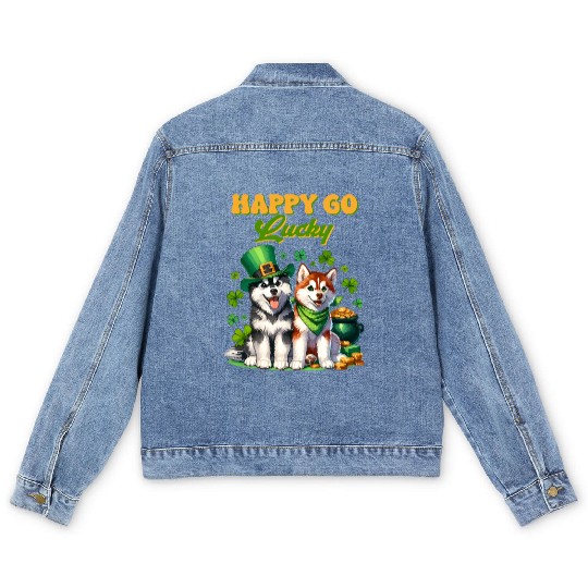 Happy Go Lucky Cute Husky St Patricks Day Men's Denim Jackets