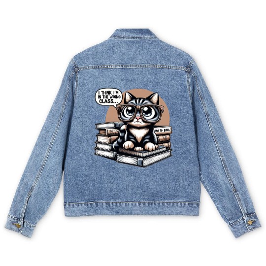 Funny Cat in Oversized Glasses Reading Humor Men's Denim Jackets