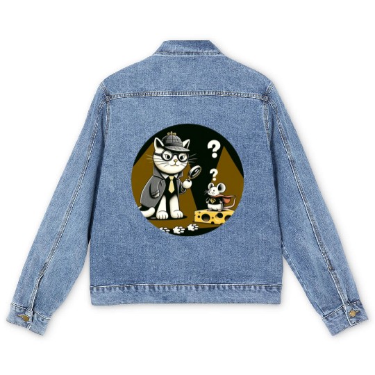 Detective Cat and Superhero Mouse Adventure Men's Denim Jackets