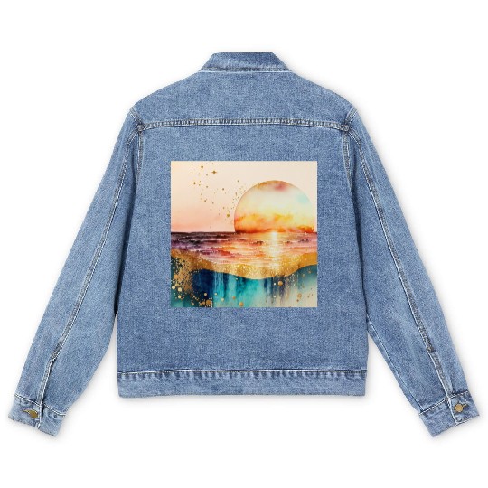 Sunset Beach Watercolor Painting Men's Denim Jackets