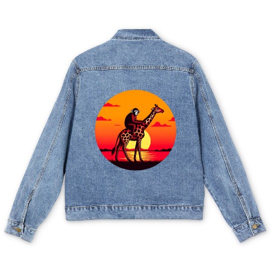 Sunset Safari: Monkey Riding Giraffe Men's Denim Jackets
