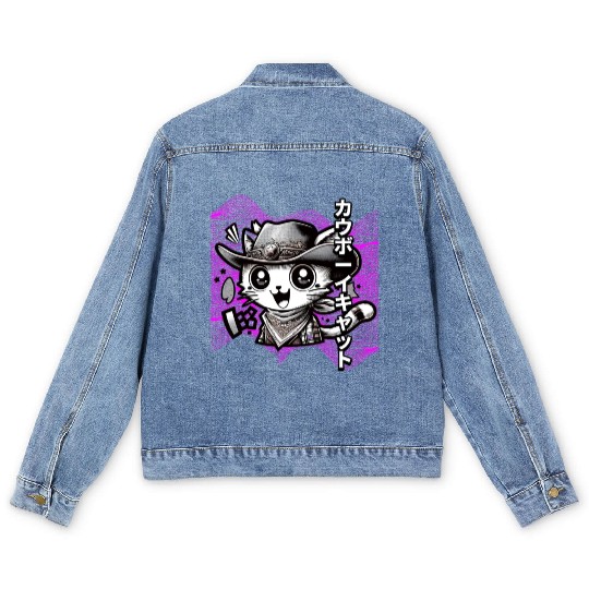 Yeehaw Meow: Manga Cowboy Cat Extravaganza Men's Denim Jackets