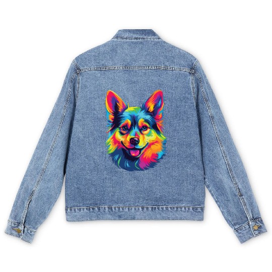 Watercolor Colorful Swedish Vallhund Men's Denim Jackets