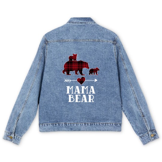 Mama Bear 2 Cubs Men's Denim Jackets Christmas Mama Bear Plaid