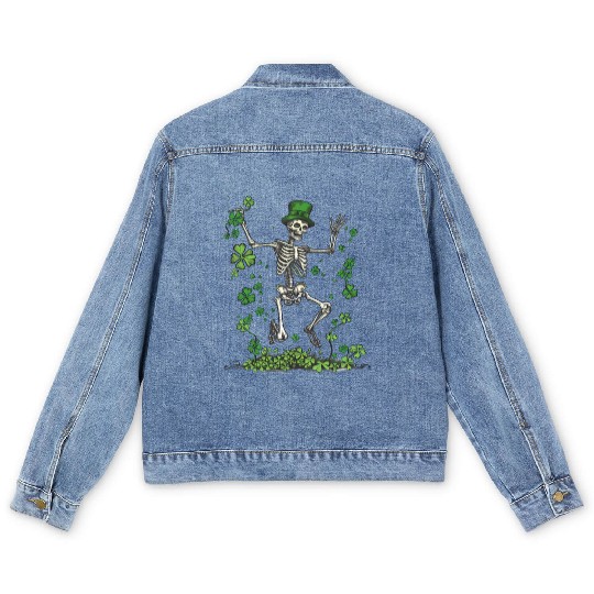 St Patricks Skeleton Dancing With Shamrocks Men's Denim Jackets