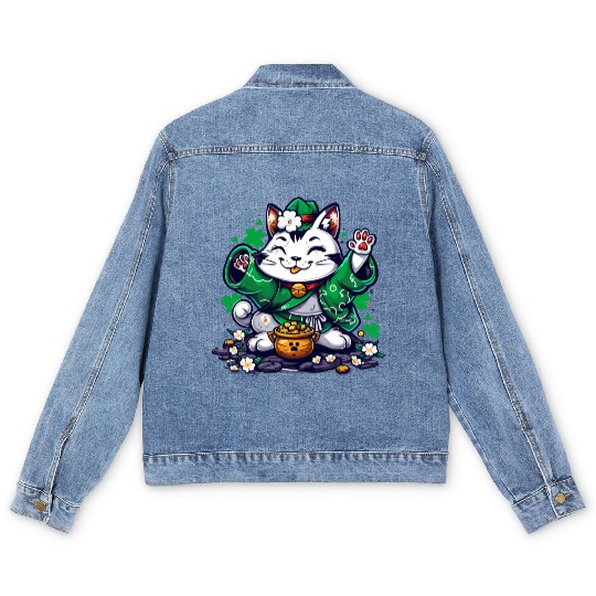 Kawaii St Patricks Day Cat With a Pot Of Gold Men's Denim Jackets
