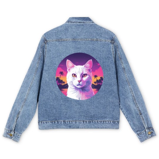 Synthwave White Cat 2 Men's Denim Jackets