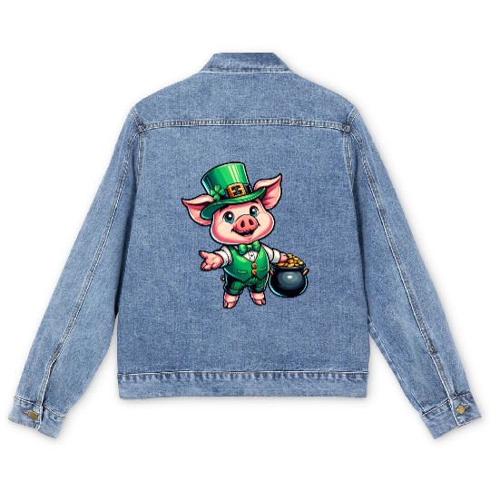 Cute St. Patrick's Piglet Men's Denim Jackets