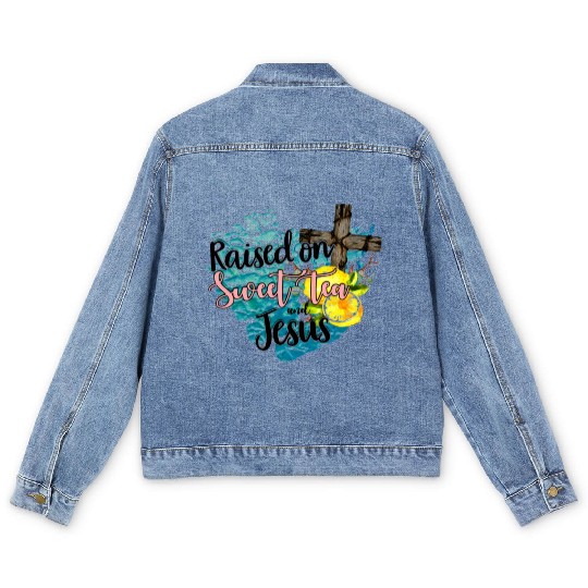 raised on sweet tea and jesus Men's Denim Jackets