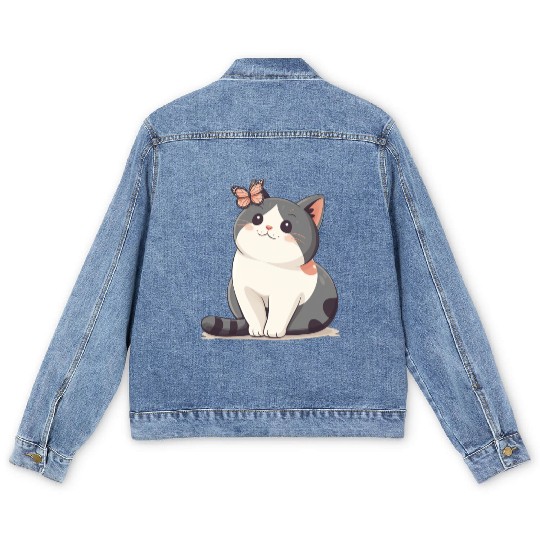 Cute Kawaii Cat and Butterfly Men's Denim Jackets