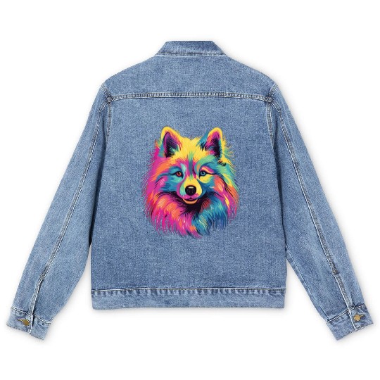 Watercolor Colorful Japan Spitz Men's Denim Jackets