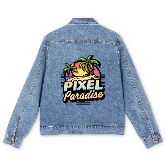 Pixel Paradise Sunset Men's Denim Jackets