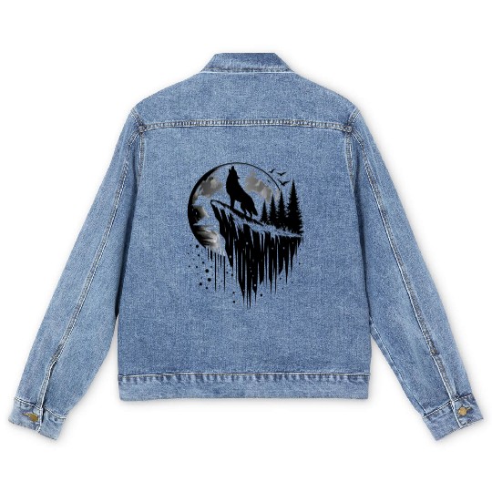 Howling wolf silhouette Men's Denim Jackets