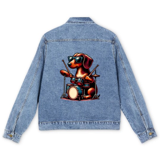 Dachshund Drummer Wiener Dog Design Men's Denim Jackets