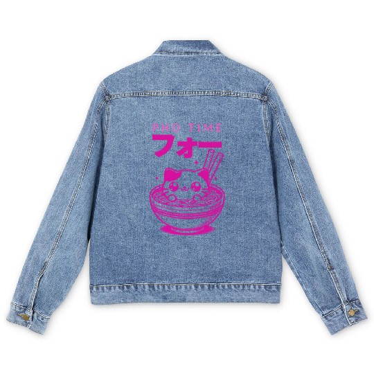 Pho Time Pink Cute Kitten in a Bowl Men's Denim Jackets