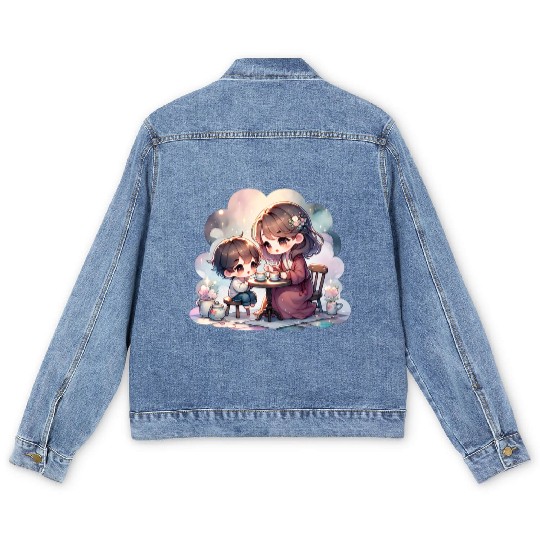 Mother and Son Enjoying a Cozy Tea Party Men's Denim Jackets