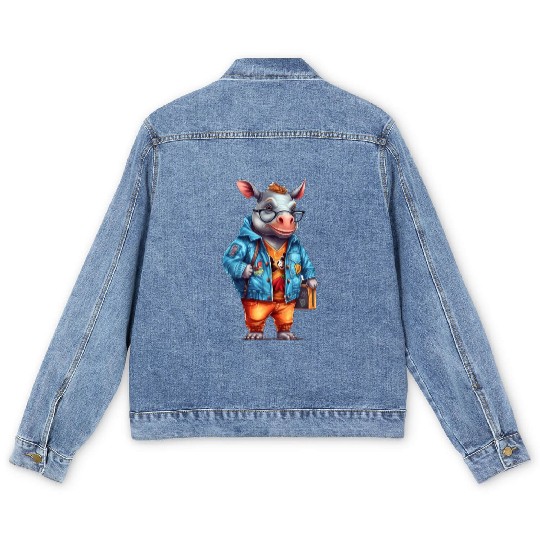 Cute Rhinoceros Cartoon Men's Denim Jackets