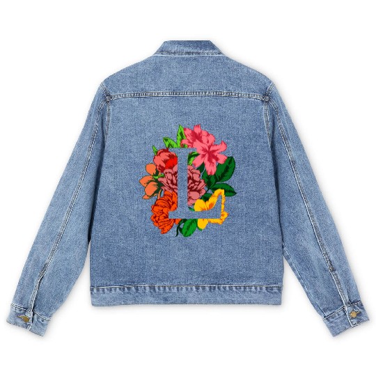 Capital letter L monogram with peony, lily flowers Men's Denim Jackets