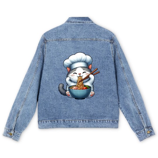 Kawaii Anime Whimsical Cat Japanese Ramen Noodles Men's Denim Jackets