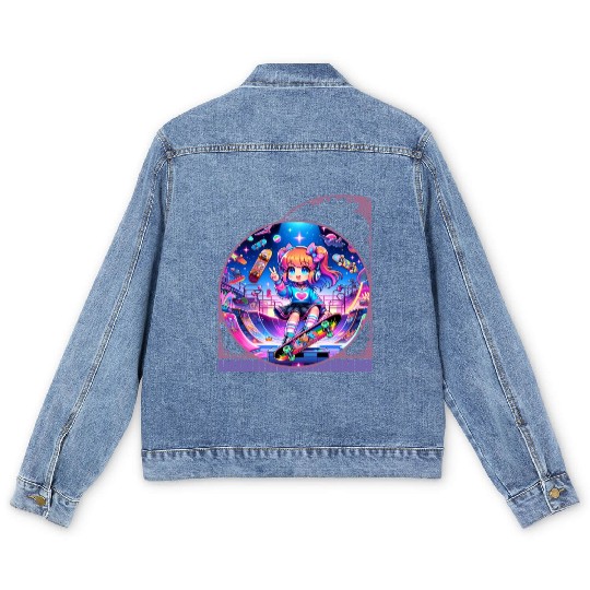 Kawaii Anime Girl's Retro Skateboard Jam Neon Men's Denim Jackets