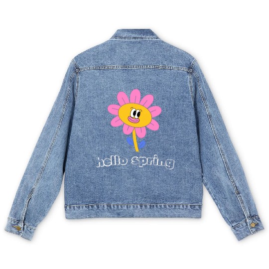 Funny retro hello spring day groovy flowers cute Men's Denim Jackets
