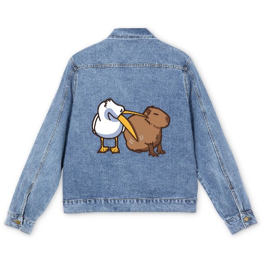 Pelican Tries to Eat Capybara Funny Meme Men's Denim Jackets