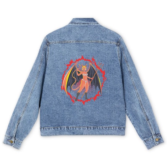 Devil Girl With Huge Wings And Pitchfork Men's Denim Jackets