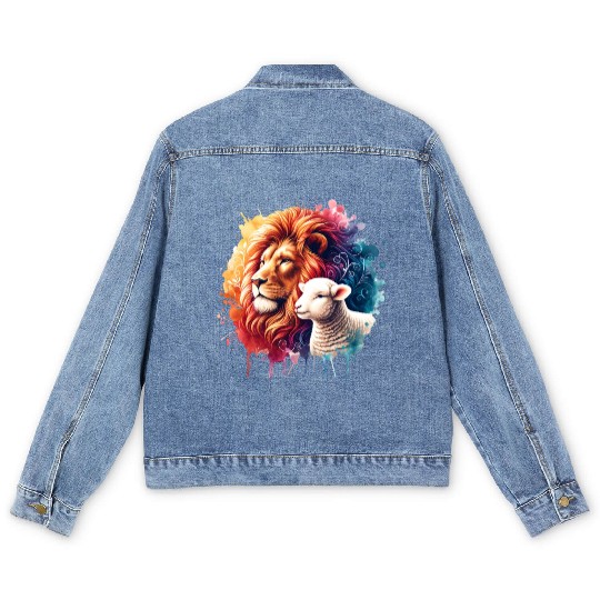 Lion and Lamb Christian Watercolor Design Men's Denim Jackets