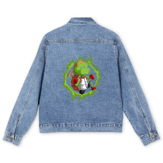 Kung Fu Turtle With Halftone Fire Background Men's Denim Jackets