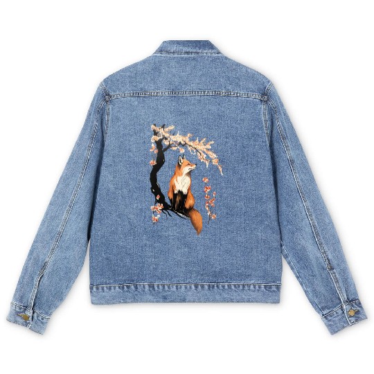 Fox & Sakura: Wildlife and Spring Scenery Cherry Men's Denim Jackets
