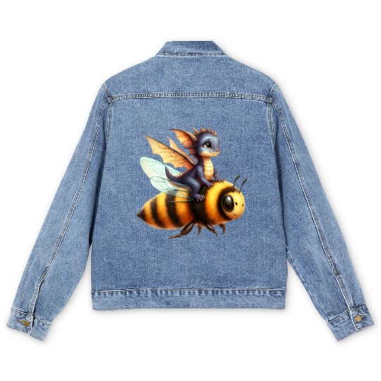 Fun Baby Dragon Riding a Bumble Bee Men's Denim Jackets