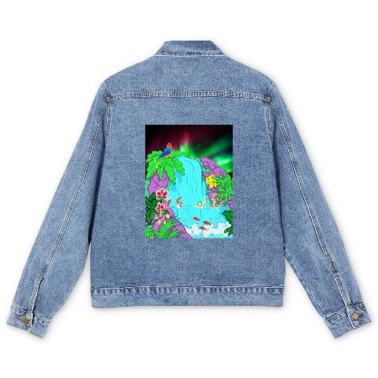 Northern Lights Waterfall Serenity with Swimmers Men's Denim Jackets