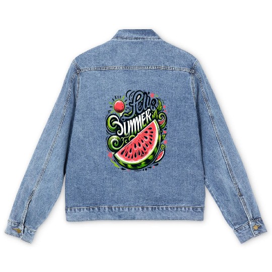 Happy Summer Greeting With Watermelon Men's Denim Jackets