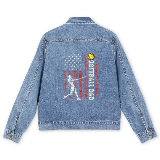 Softball Dad US Flag Gifts For Dad Men Patriotic Men's Denim Jackets