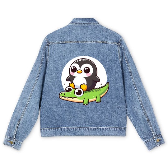 Penguin on crocodile safar Men's Denim Jackets