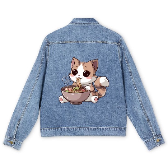 Kawaii Cat Eating Ramen Men's Denim Jackets