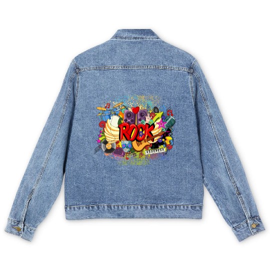 Vector Rock n Roll Theme Guitar Piano Song Drum Men's Denim Jackets