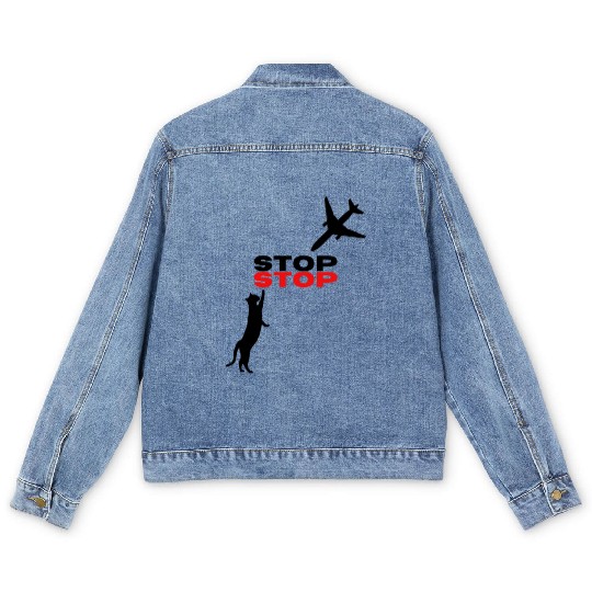 Funny Hilarious Cat Kitty Stop Airplane In Mid Air Men's Denim Jackets